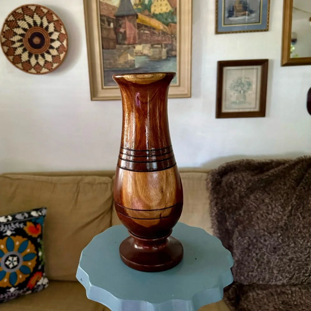 Vtg Hand turned brown Boho light and dark unique wood vase.